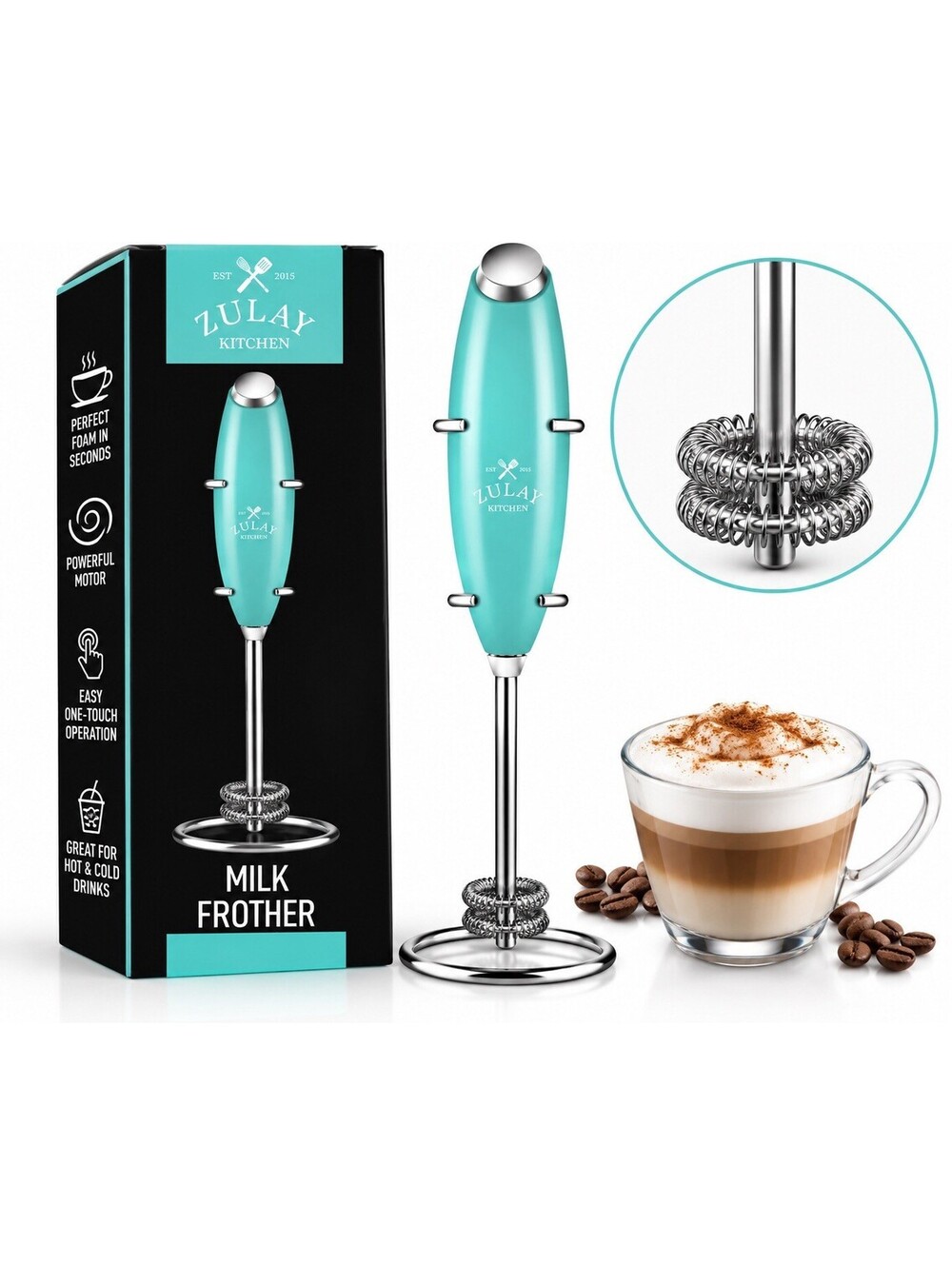 🩵 Zulay Kitchen Electric Milk Frother Double Whisk Teal Handheld Foamer